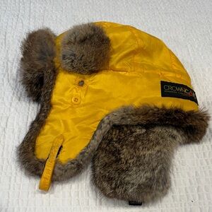 Crown Cap Golden Yellow Trapper Hat with Genuine Rabbit Fur
